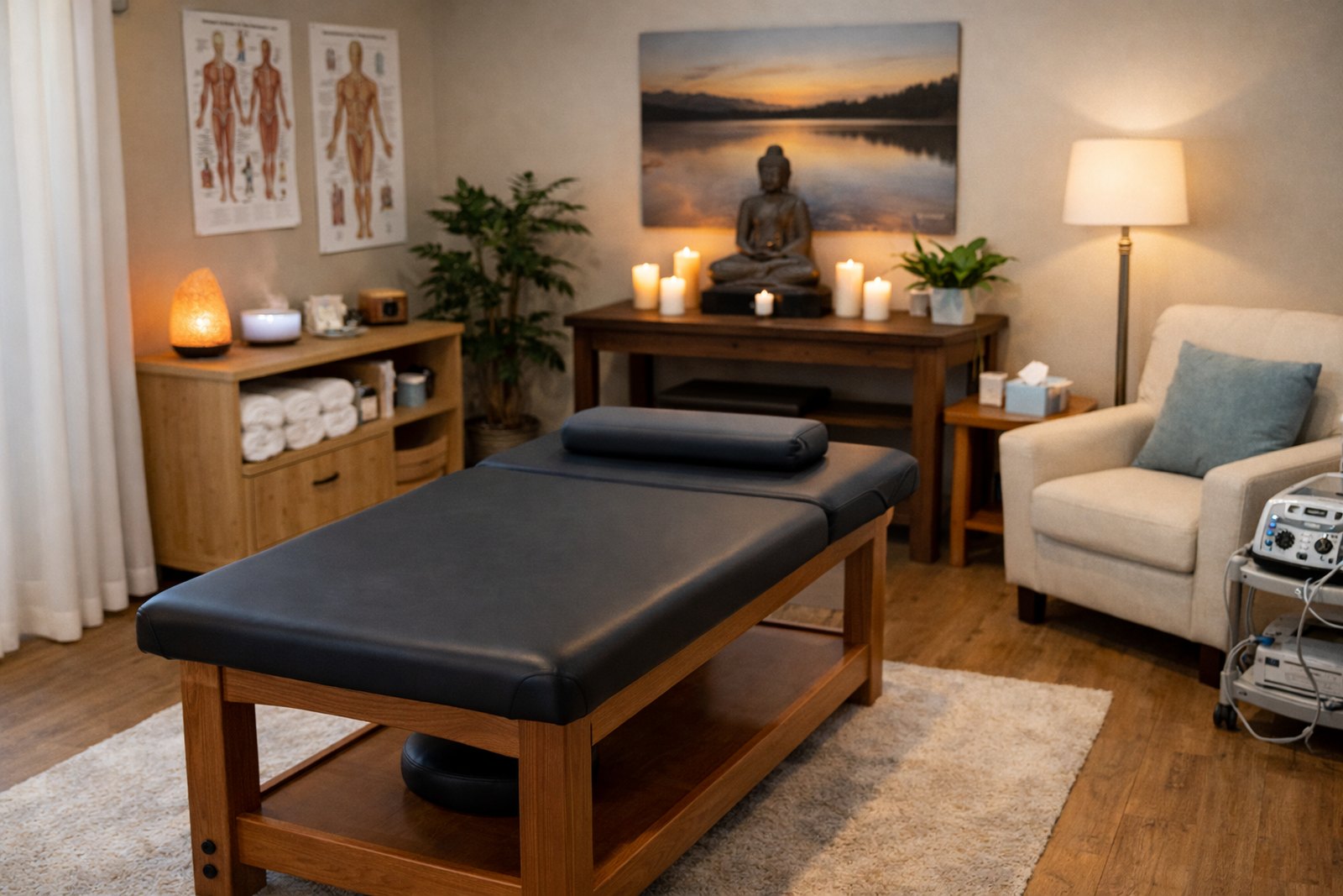 Bright, minimal treatment room with table and folded towels