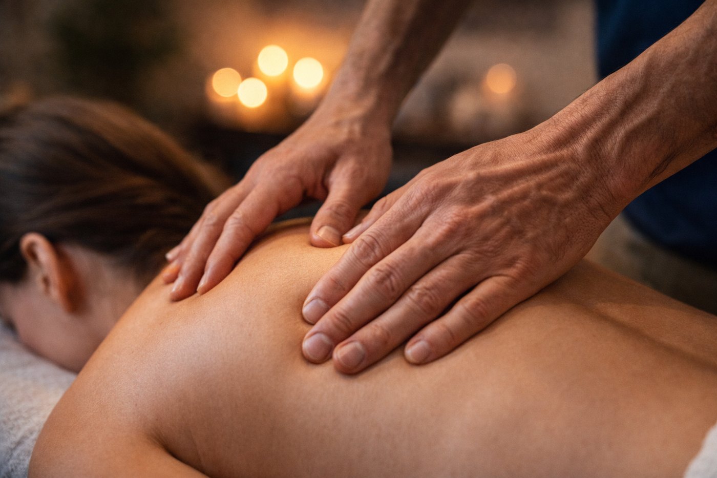 Close-up of practitioner hands working with precision on the body