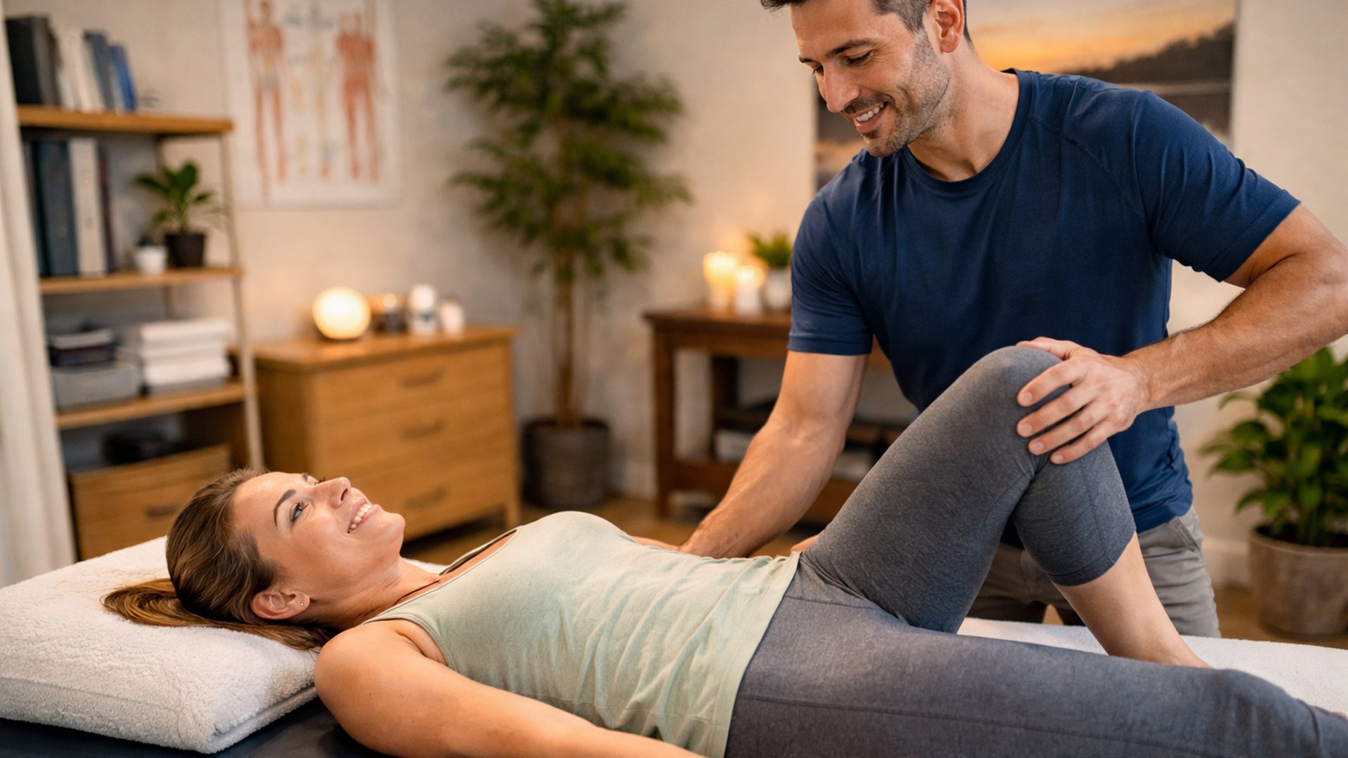 Therapist working on a client in a bright, clean treatment room