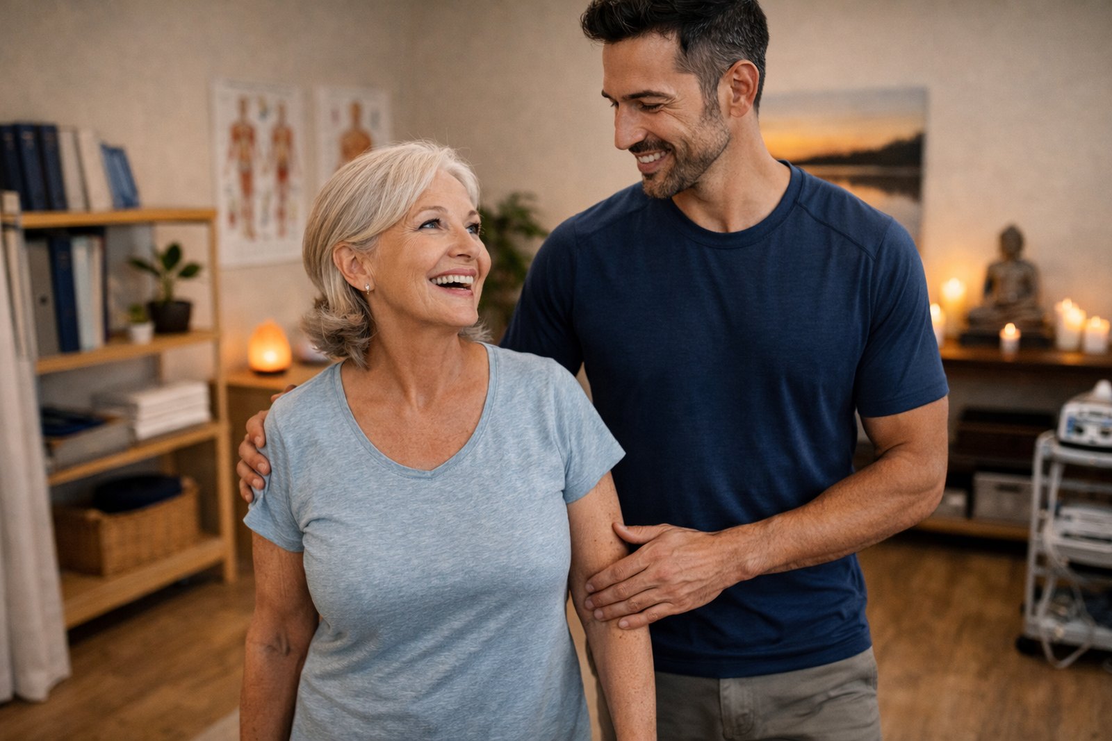 Older client moving confidently or receiving treatment in a bright clinic